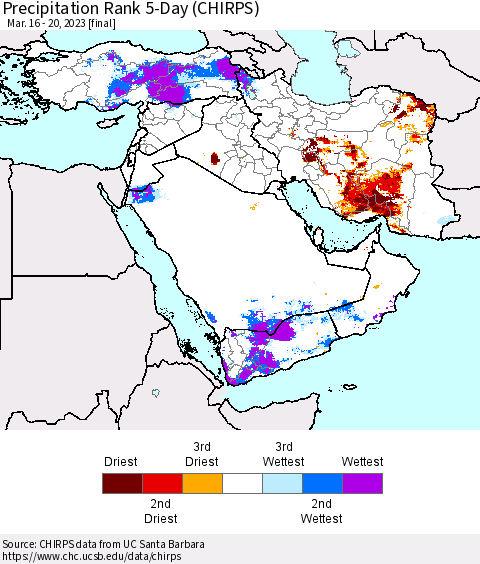 Middle East and Turkey Precipitation Rank since 1981, 5-Day (CHIRPS) Thematic Map For 3/16/2023 - 3/20/2023