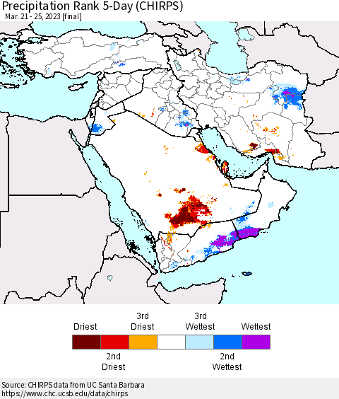 Middle East and Turkey Precipitation Rank since 1981, 5-Day (CHIRPS) Thematic Map For 3/21/2023 - 3/25/2023