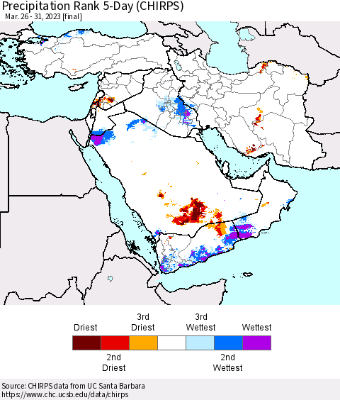 Middle East and Turkey Precipitation Rank since 1981, 5-Day (CHIRPS) Thematic Map For 3/26/2023 - 3/31/2023
