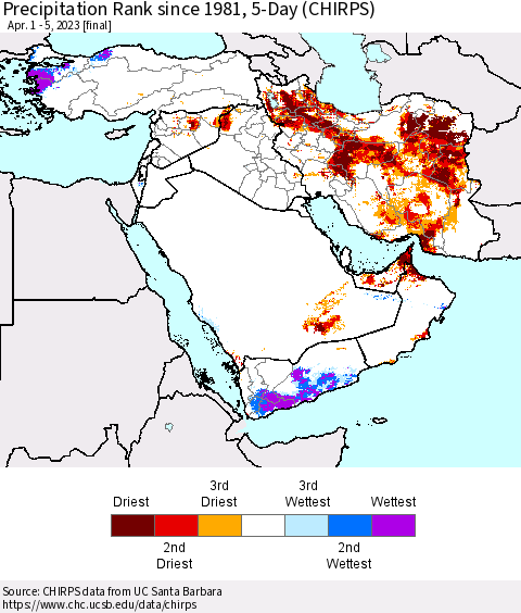 Middle East and Turkey Precipitation Rank since 1981, 5-Day (CHIRPS) Thematic Map For 4/1/2023 - 4/5/2023