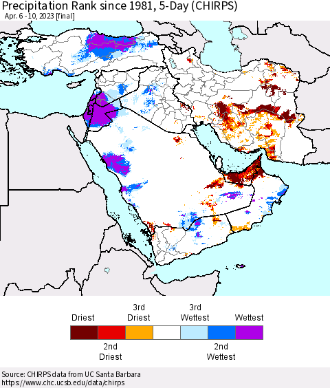 Middle East and Turkey Precipitation Rank since 1981, 5-Day (CHIRPS) Thematic Map For 4/6/2023 - 4/10/2023