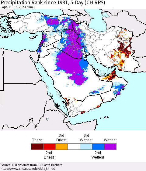 Middle East and Turkey Precipitation Rank since 1981, 5-Day (CHIRPS) Thematic Map For 4/11/2023 - 4/15/2023