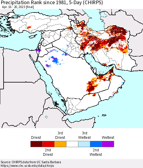 Middle East and Turkey Precipitation Rank since 1981, 5-Day (CHIRPS) Thematic Map For 4/16/2023 - 4/20/2023