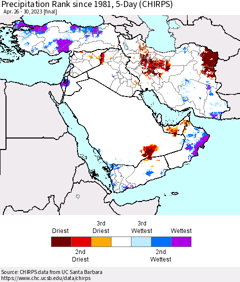 Middle East and Turkey Precipitation Rank since 1981, 5-Day (CHIRPS) Thematic Map For 4/26/2023 - 4/30/2023