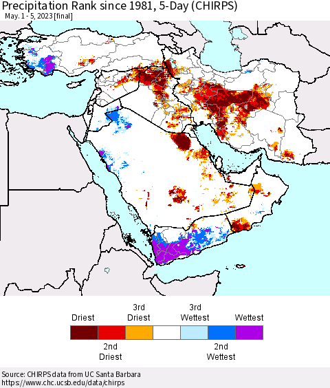 Middle East and Turkey Precipitation Rank since 1981, 5-Day (CHIRPS) Thematic Map For 5/1/2023 - 5/5/2023