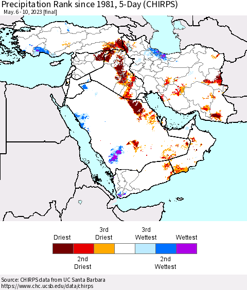 Middle East and Turkey Precipitation Rank since 1981, 5-Day (CHIRPS) Thematic Map For 5/6/2023 - 5/10/2023