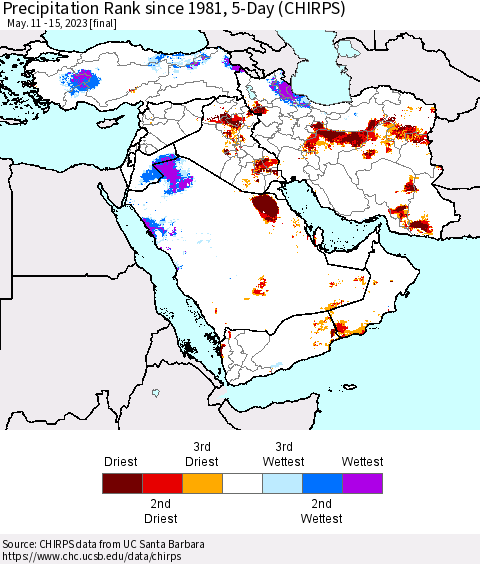 Middle East and Turkey Precipitation Rank since 1981, 5-Day (CHIRPS) Thematic Map For 5/11/2023 - 5/15/2023