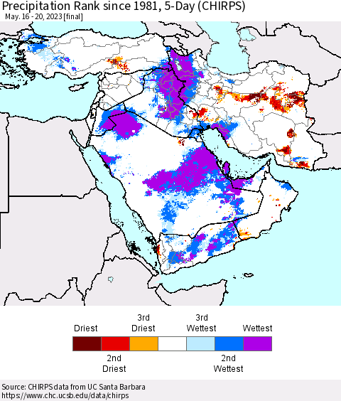 Middle East and Turkey Precipitation Rank since 1981, 5-Day (CHIRPS) Thematic Map For 5/16/2023 - 5/20/2023