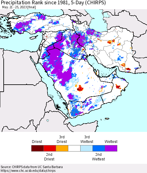 Middle East and Turkey Precipitation Rank since 1981, 5-Day (CHIRPS) Thematic Map For 5/21/2023 - 5/25/2023