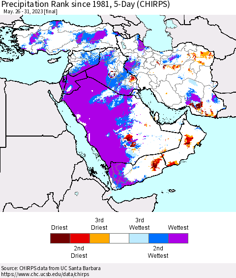 Middle East and Turkey Precipitation Rank since 1981, 5-Day (CHIRPS) Thematic Map For 5/26/2023 - 5/31/2023