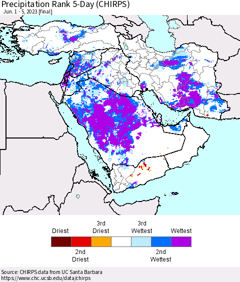 Middle East and Turkey Precipitation Rank since 1981, 5-Day (CHIRPS) Thematic Map For 6/1/2023 - 6/5/2023
