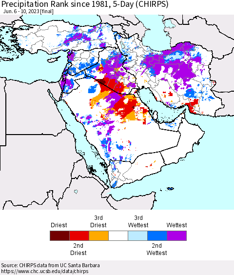 Middle East and Turkey Precipitation Rank since 1981, 5-Day (CHIRPS) Thematic Map For 6/6/2023 - 6/10/2023