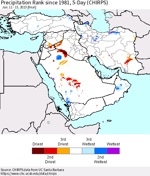 Middle East and Turkey Precipitation Rank since 1981, 5-Day (CHIRPS) Thematic Map For 6/11/2023 - 6/15/2023
