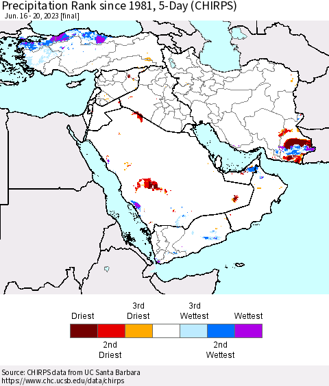 Middle East and Turkey Precipitation Rank since 1981, 5-Day (CHIRPS) Thematic Map For 6/16/2023 - 6/20/2023