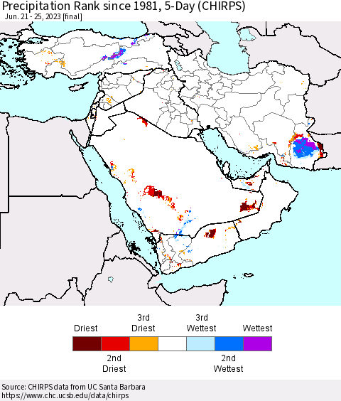 Middle East and Turkey Precipitation Rank since 1981, 5-Day (CHIRPS) Thematic Map For 6/21/2023 - 6/25/2023