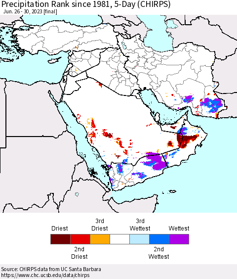 Middle East and Turkey Precipitation Rank since 1981, 5-Day (CHIRPS) Thematic Map For 6/26/2023 - 6/30/2023