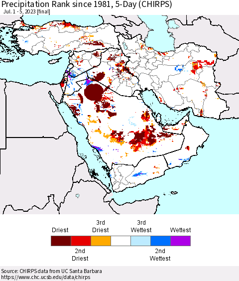 Middle East and Turkey Precipitation Rank since 1981, 5-Day (CHIRPS) Thematic Map For 7/1/2023 - 7/5/2023