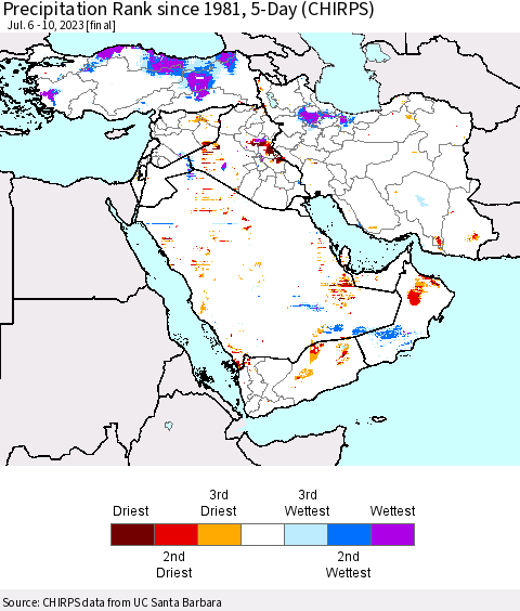 Middle East and Turkey Precipitation Rank since 1981, 5-Day (CHIRPS) Thematic Map For 7/6/2023 - 7/10/2023