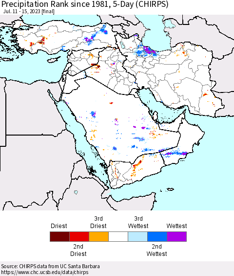 Middle East and Turkey Precipitation Rank since 1981, 5-Day (CHIRPS) Thematic Map For 7/11/2023 - 7/15/2023