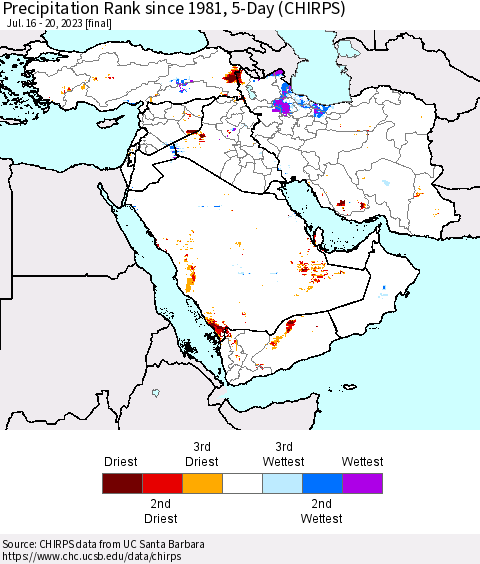 Middle East and Turkey Precipitation Rank since 1981, 5-Day (CHIRPS) Thematic Map For 7/16/2023 - 7/20/2023
