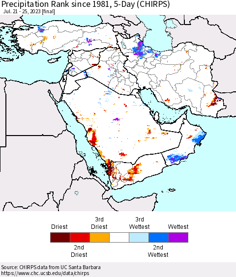 Middle East and Turkey Precipitation Rank since 1981, 5-Day (CHIRPS) Thematic Map For 7/21/2023 - 7/25/2023