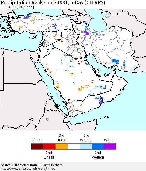 Middle East and Turkey Precipitation Rank since 1981, 5-Day (CHIRPS) Thematic Map For 7/26/2023 - 7/31/2023