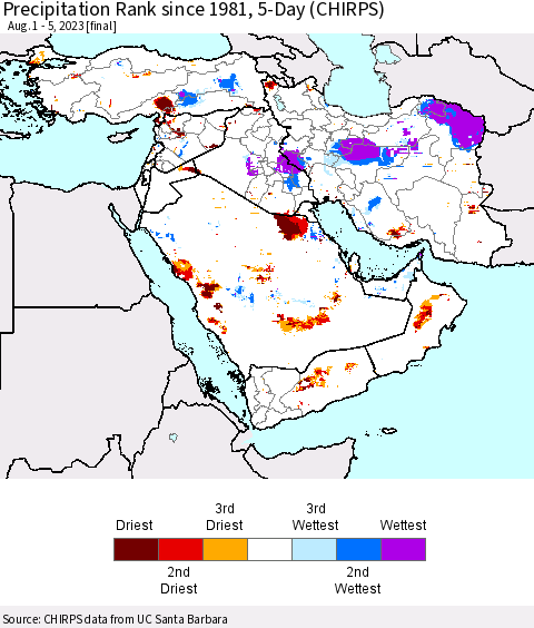 Middle East and Turkey Precipitation Rank since 1981, 5-Day (CHIRPS) Thematic Map For 8/1/2023 - 8/5/2023