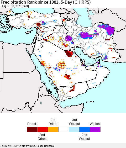 Middle East and Turkey Precipitation Rank since 1981, 5-Day (CHIRPS) Thematic Map For 8/6/2023 - 8/10/2023