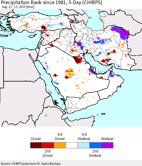 Middle East and Turkey Precipitation Rank since 1981, 5-Day (CHIRPS) Thematic Map For 8/11/2023 - 8/15/2023