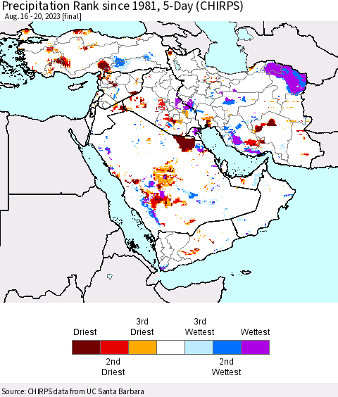 Middle East and Turkey Precipitation Rank since 1981, 5-Day (CHIRPS) Thematic Map For 8/16/2023 - 8/20/2023
