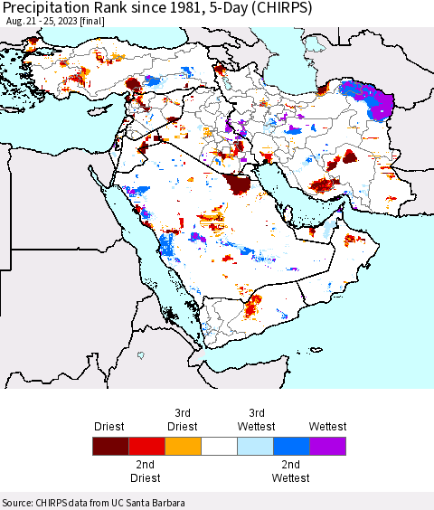 Middle East and Turkey Precipitation Rank since 1981, 5-Day (CHIRPS) Thematic Map For 8/21/2023 - 8/25/2023