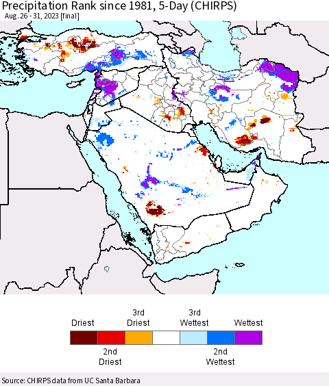 Middle East and Turkey Precipitation Rank since 1981, 5-Day (CHIRPS) Thematic Map For 8/26/2023 - 8/31/2023