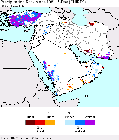 Middle East and Turkey Precipitation Rank since 1981, 5-Day (CHIRPS) Thematic Map For 9/1/2023 - 9/5/2023