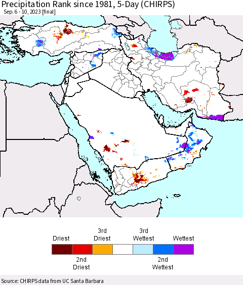 Middle East and Turkey Precipitation Rank since 1981, 5-Day (CHIRPS) Thematic Map For 9/6/2023 - 9/10/2023