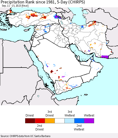 Middle East and Turkey Precipitation Rank since 1981, 5-Day (CHIRPS) Thematic Map For 9/11/2023 - 9/15/2023
