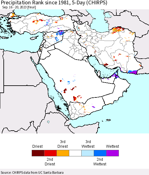 Middle East and Turkey Precipitation Rank since 1981, 5-Day (CHIRPS) Thematic Map For 9/16/2023 - 9/20/2023