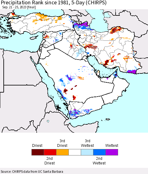 Middle East and Turkey Precipitation Rank since 1981, 5-Day (CHIRPS) Thematic Map For 9/21/2023 - 9/25/2023