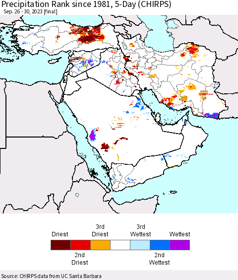Middle East and Turkey Precipitation Rank since 1981, 5-Day (CHIRPS) Thematic Map For 9/26/2023 - 9/30/2023