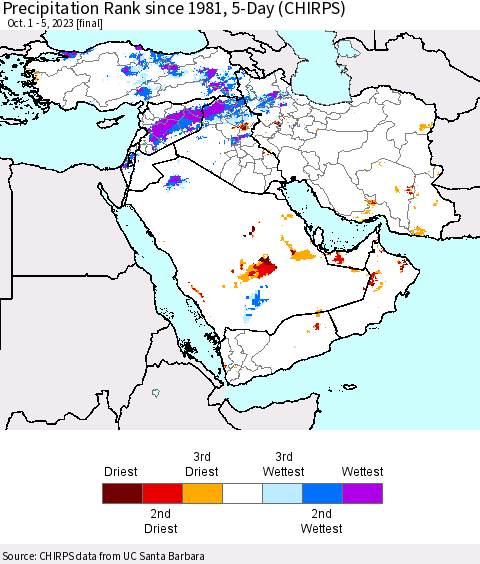 Middle East and Turkey Precipitation Rank since 1981, 5-Day (CHIRPS) Thematic Map For 10/1/2023 - 10/5/2023