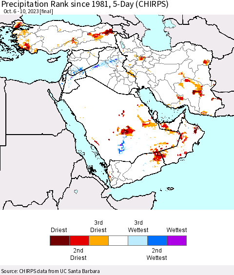 Middle East and Turkey Precipitation Rank since 1981, 5-Day (CHIRPS) Thematic Map For 10/6/2023 - 10/10/2023