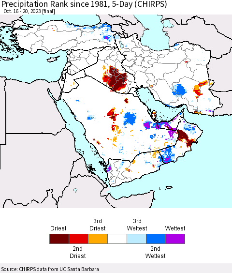 Middle East and Turkey Precipitation Rank since 1981, 5-Day (CHIRPS) Thematic Map For 10/16/2023 - 10/20/2023