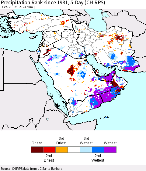 Middle East and Turkey Precipitation Rank since 1981, 5-Day (CHIRPS) Thematic Map For 10/21/2023 - 10/25/2023