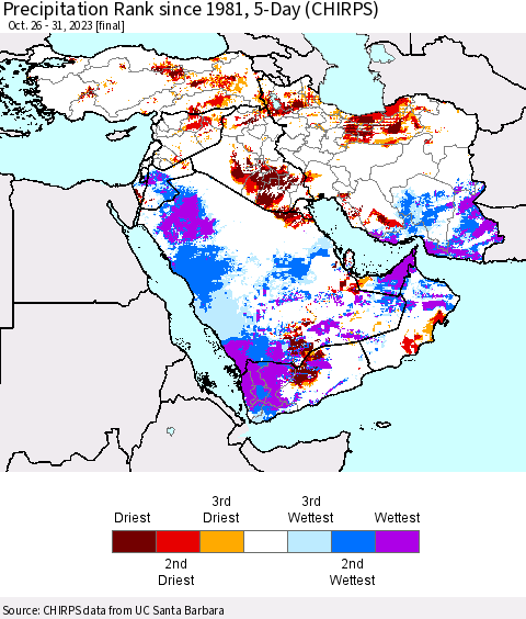 Middle East and Turkey Precipitation Rank since 1981, 5-Day (CHIRPS) Thematic Map For 10/26/2023 - 10/31/2023