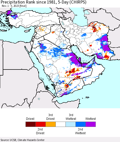 Middle East and Turkey Precipitation Rank since 1981, 5-Day (CHIRPS) Thematic Map For 11/1/2023 - 11/5/2023