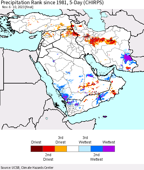 Middle East and Turkey Precipitation Rank since 1981, 5-Day (CHIRPS) Thematic Map For 11/6/2023 - 11/10/2023