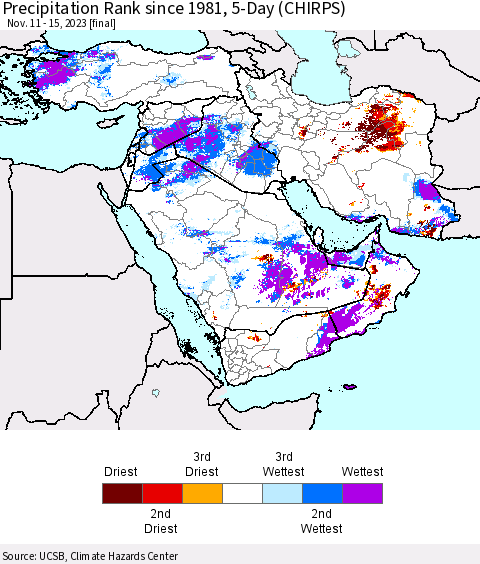 Middle East and Turkey Precipitation Rank since 1981, 5-Day (CHIRPS) Thematic Map For 11/11/2023 - 11/15/2023