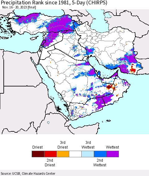Middle East and Turkey Precipitation Rank since 1981, 5-Day (CHIRPS) Thematic Map For 11/16/2023 - 11/20/2023