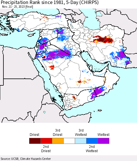 Middle East and Turkey Precipitation Rank since 1981, 5-Day (CHIRPS) Thematic Map For 11/21/2023 - 11/25/2023
