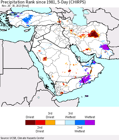 Middle East and Turkey Precipitation Rank since 1981, 5-Day (CHIRPS) Thematic Map For 11/26/2023 - 11/30/2023