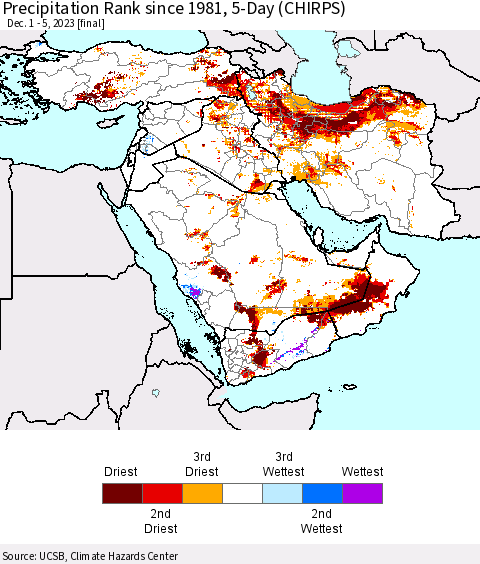 Middle East and Turkey Precipitation Rank since 1981, 5-Day (CHIRPS) Thematic Map For 12/1/2023 - 12/5/2023